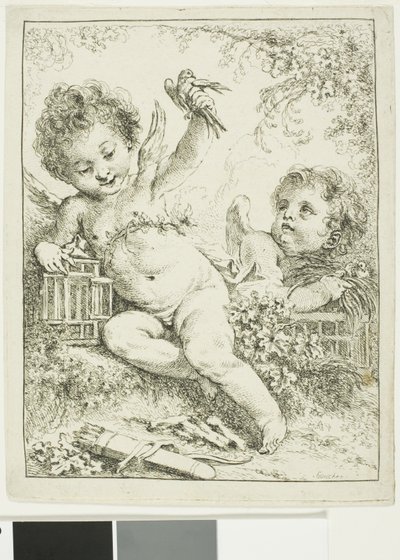 Två putti med en fågel av François Boucher
