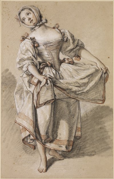 Ung countryflicka dansar, ca. 1765-70 (svart, röd och vit krita och stubbe på gulfärgat papper) av François Boucher