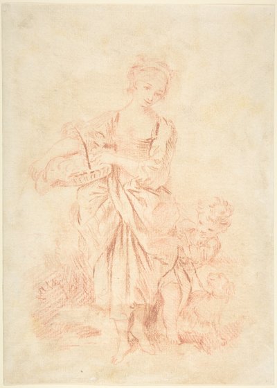 Flicka med en pojke och en hund av François Boucher