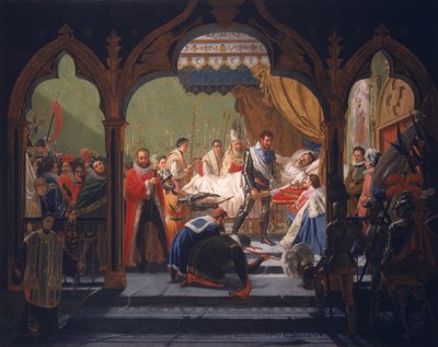 Henri IV (1553-1610) Tar emot monarkins attribut från den döende Henri III (1551-1589) 1814 av Francois Buffet