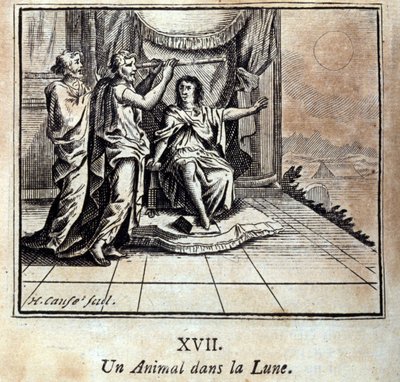 Ett djur i månen. Fabler av Jean de La Fontaine (1621-95). Illustration av Francois Chauveau (1613-1676). Upplaga av 1728. av Francois Chauveau