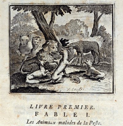 Djur som är sjuka av pesten. Fabler av Jean de La Fontaine (1621-95). Illustration av Francois Chauveau (1613-1676). Upplaga av 1728. av Francois Chauveau