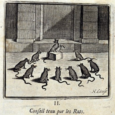 Styrelse som innehas av råttorna. Fabler av Jean de La Fontaine (1621-95). Illustration av Francois Chauveau (1613-1676). Upplaga av 1728. av Francois Chauveau