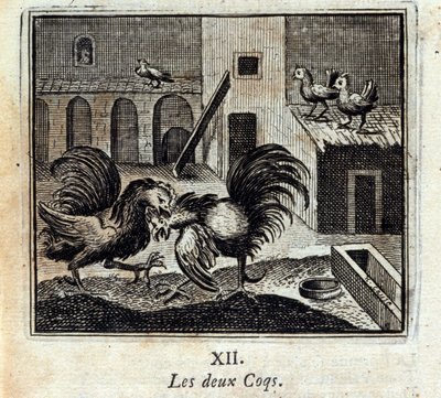 Båda tupparna. Fabler av Jean de La Fontaine (1621-95). Illustration av François Chauveau (1613-1676). Upplaga av 1728. av Francois Chauveau