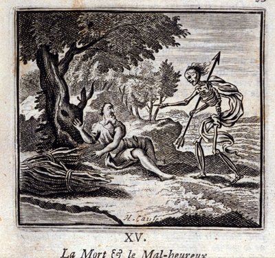 Döden och de olyckliga. Fabler av Jean de La Fontaine (1621-95). Illustration av Francois Chauveau (1613-1676). Upplaga av 1728. av Francois Chauveau