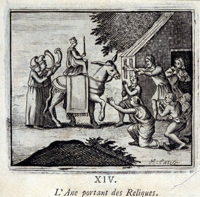 Åsnan som bär reliker. Fabler av Jean de La Fontaine (1621-95). Illustration av François Chauveau (1613-1676). Upplaga av 1728. av Francois Chauveau