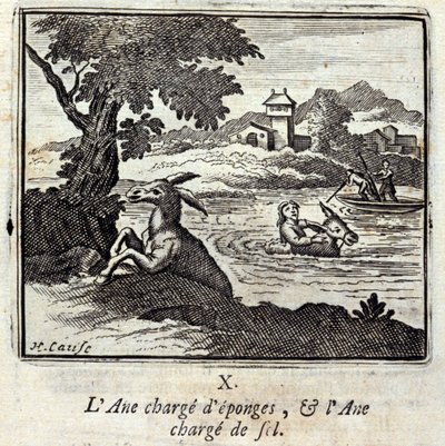 Åsnan massor av svampar och åsna massor av salt. Fabler av Jean de La Fontaine (1621-95). Illustration av François Chauveau (1613-1676). Upplaga av 1728. av Francois Chauveau