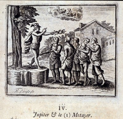 Jupiter och Metayer. Fabler av Jean de La Fontaine (1621-95). Illustration av Francois Chauveau (1613-1676). Upplaga av 1728. av Francois Chauveau