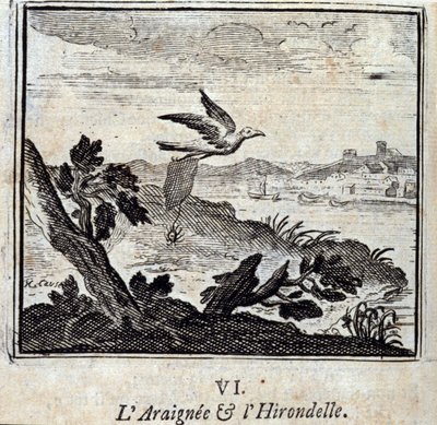Spindeln och svalan, fabler av Jean de La Fontaine (1621-95). Illustration av François Chauveau (1613-1676). Upplaga av 1728. av Francois Chauveau