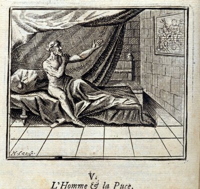 The Man and the Flea.Fables av Jean de La Fontaine (1621-95). Illustration av Francois Chauveau (1613-1676). Upplaga av 1728. av Francois Chauveau