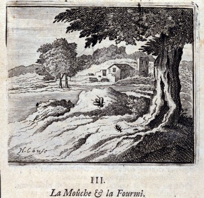 Flugan och myrans fabler av Jean de La Fontaine (1621-95). Illustration av Francois Chauveau (1613-1676). Upplaga av 1728. av Francois Chauveau