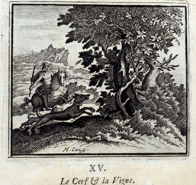 Hjorten och vinstocken Fabler av Jean de La Fontaine (1621-95). Illustration av François Chauveau (1613-1676). Upplaga av 1728. av Francois Chauveau