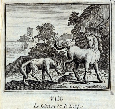 Hästen och vargen. Fabler av Jean de La Fontaine (1621-95). Illustration av François Chauveau (1613-1676). Upplaga av 1728. av Francois Chauveau