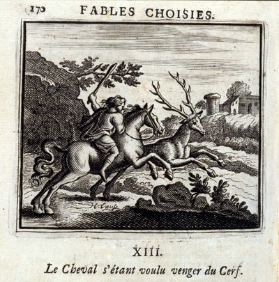 Hästen ville hämnas för hjorten. Fabler av Jean de La Fontaine (1621-95). Illustration av Francois Chauveau (1613-1676). Upplaga av 1728. av Francois Chauveau
