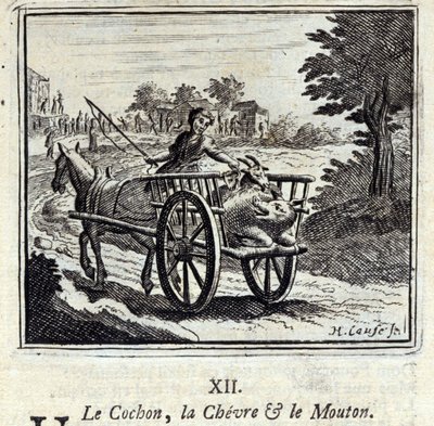 The Pig the Goat and the Mut.Fables av Jean de La Fontaine (1621-95). Illustration av Francois Chauveau (1613-1676). Upplaga av 1728. av Francois Chauveau