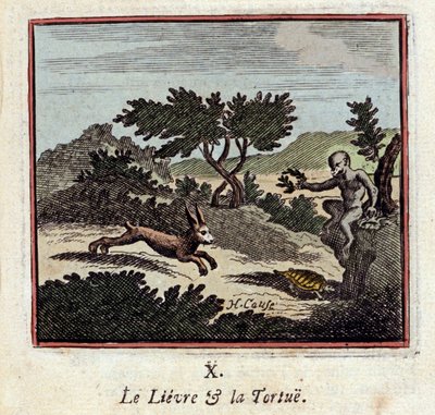 Haren och sköldpaddan - Fabler av Jean de La Fontaine (1621-1695) - Illustration av Francois Chauveau (1613-1676) - Upplaga av 1728 av Francois Chauveau