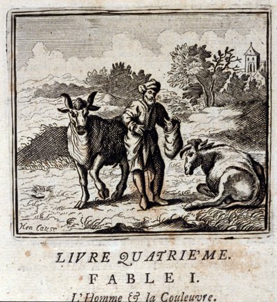 Man och orm. Fabler av Jean de La Fontaine (1621-95). Illustration av Francois Chauveau (1613-1676). Upplaga av 1728. av Francois Chauveau