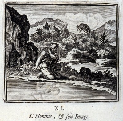 Människan och hennes bild. Fabler av Jean de La Fontaine (1621-95). Illustration av Francois Chauveau (1613-1676). Upplaga av 1728. av Francois Chauveau