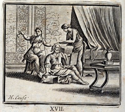 Man mellan två åldrar och hans två älskarinnor. Fabler av Jean de La Fontaine (1621-95). Illustration av Francois Chauveau (1613-1676). Upplaga av 1728. av Francois Chauveau