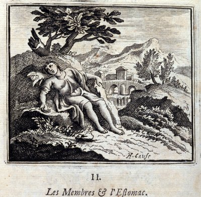 Medlemmar och Mage. Fabler av Jean de La Fontaine (1621-95). Illustration av François Chauveau (1613-1676). Upplaga av 1728. av Francois Chauveau