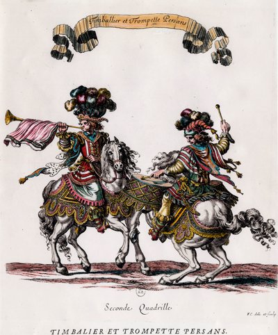 Persisk timbalier och trumpet under karusellen som gavs av kung Ludvig XIV (1639-1715) Gravyr av Francois Chauveau (1613-1676) cirka 1662 Privat samling av Francois Chauveau