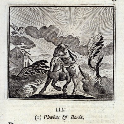Phebus och Boree. Fabler av Jean de La Fontaine (1621-95). Illustration av Francois Chauveau (1613-1676). Upplaga av 1728. av Francois Chauveau