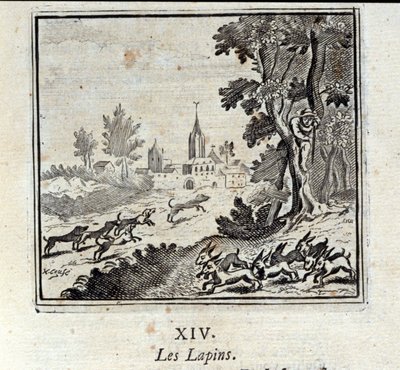 Kaniner. Fabler av Jean de La Fontaine (1621-95). Illustration av François Chauveau (1613-1676). Upplaga av 1728. av Francois Chauveau