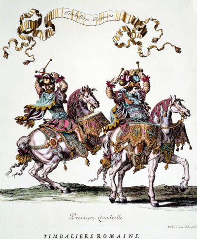 Romerska timbaliers under karusellen som gavs av kung Ludvig XIV (1638-1715) 1662 Gravyr av Francois Chauveau (1613-1676) 1600-talets privatsamling av Francois Chauveau