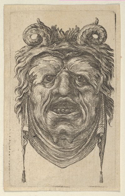 Satyrmask med böjda horn, bladiga ögonbryn och en duk som hänger under hakan, ca. 1635-45. av Francois Chauveau