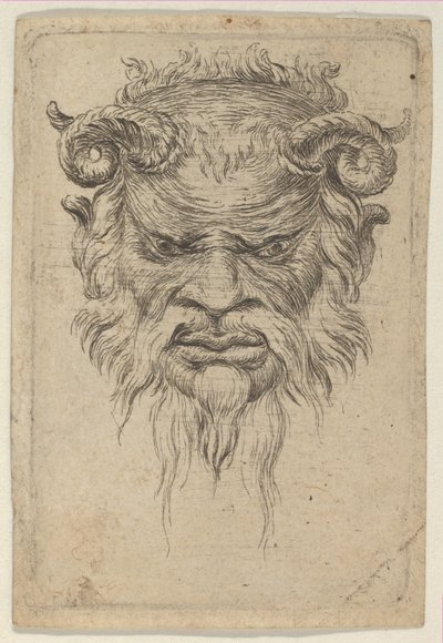 Satyrmask med krökta horn som tittar ner, från Divers Masques, ca. 1635-45. av Francois Chauveau