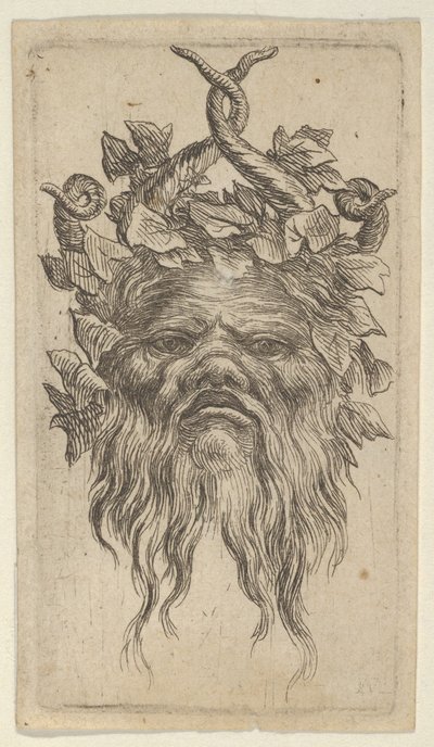Satyrmask med krokade horn och murgrönskrans, från Divers Masques, ca. 1635-45. av Francois Chauveau