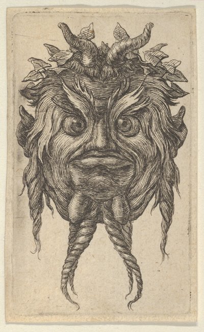 Satyrmask med horn och vridet skägg iklädd murgrönakrans, från Divers Masque..., ca. 1635-45. av Francois Chauveau