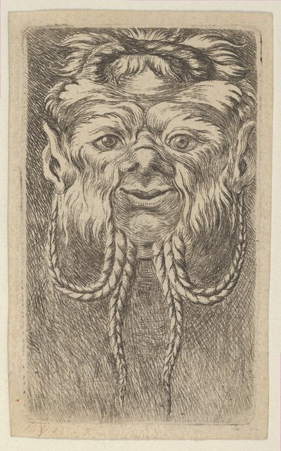 Satyrmask med överlappande horn och fyra flätade skäggstrån, från Divers Ma..., ca. 1635-45. av Francois Chauveau