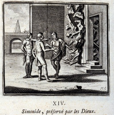 Simonides bevaras av gudarna. Fabler av Jean de La Fontaine (1621-95). Illustration av Francois Chauveau (1613-1676). Upplaga av 1728. av Francois Chauveau