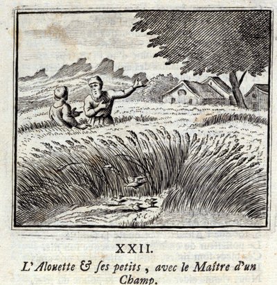 Alouetten och hans små med Mästaren på ett fält. Fabler av Jean de La Fontaine (1621-95). Illustration av François Chauveau (1613-1676). Upplaga av 1728. av Francois Chauveau