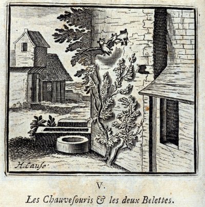 Fladdermusen och de två vesslorna. Fabler av Jean de La Fontaine (1621-95). Illustration av François Chauveau (1613-1676). Upplaga av 1728. av Francois Chauveau
