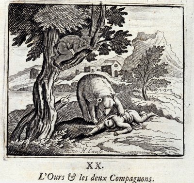 Björnen och de två följeslagarna. Fabler av Jean de La Fontaine (1621-95). Illustration av François Chauveau (1613-1676). Upplaga av 1728. av Francois Chauveau