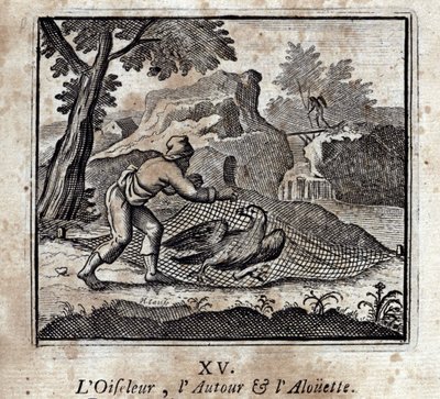 Fågelfågeln runt och Alouetten. Fabler av Jean de La Fontaine (1621-95). Illustration av François Chauveau (1613-1676). Upplaga av 1728. av Francois Chauveau
