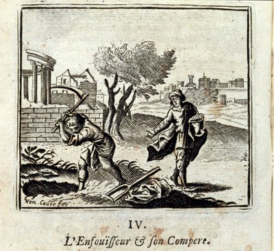 Brännaren och hans Compere. Fabler av Jean de La Fontaine (1621-95). Illustration av Francois Chauveau (1613-1676). Upplaga av 1728. av Francois Chauveau