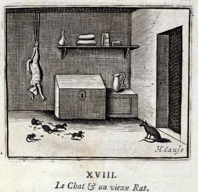 Katten och en gammal råtta. Fabler av Jean de La Fontaine (1621-95). Illustration av Francois Chauveau (1613-1676). Upplaga av 1728. av Francois Chauveau