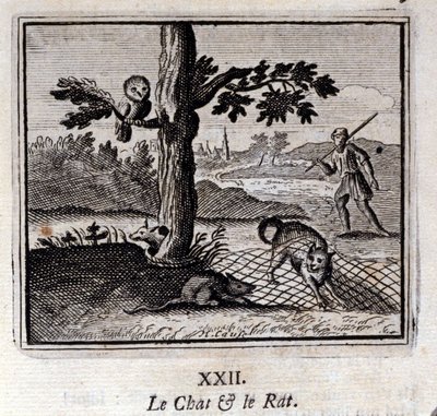 Katten och råttan. Fabler av Jean de La Fontaine (1621-95). Illustration av Francois Chauveau (1613-1676). Upplaga av 1728. av Francois Chauveau