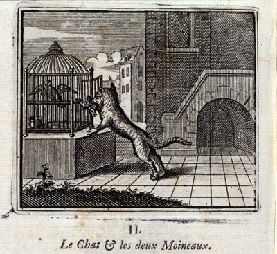 Katten och de två sparvarna. Fabler av Jean de La Fontaine (1621-95). Illustration av François Chauveau (1613-1676). Upplaga från 1728. av Francois Chauveau