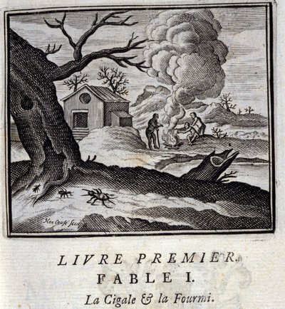 Cigalen och myran. Fabler av Jean de La Fontaine (1621-95). Illustration av François Chauveau (1613-1676). Upplaga av 1728. av Francois Chauveau