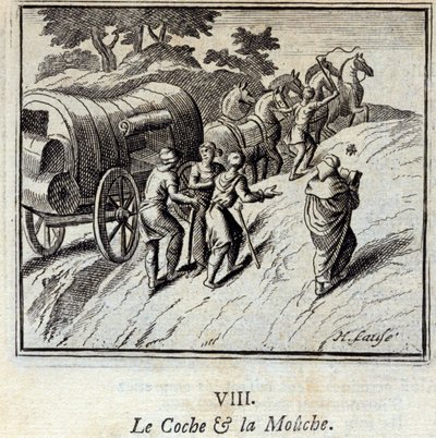 Cochen och flugan. Fabler av Jean de La Fontaine (1621-95). Illustration av Francois Chauveau (1613-1676). Upplaga av 1728. av Francois Chauveau