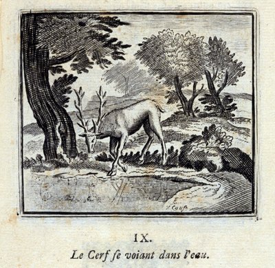 Rådjuret ser sig själv i vattnet. Fabler av Jean de La Fontaine (1621-95). Illustration av François Chauveau (1613-1676). Upplaga av 1728. av Francois Chauveau