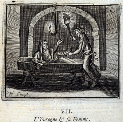 Fyllot och hans fru. Fabler av Jean de La Fontaine (1621-95). Illustration av François Chauveau (1613-1676). Upplaga från 1728. av Francois Chauveau