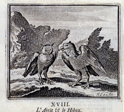 Örnen och ugglan. Fabler av Jean de La Fontaine (1621-95). Illustration av François Chauveau (1613-1676). Upplaga av 1728. av Francois Chauveau