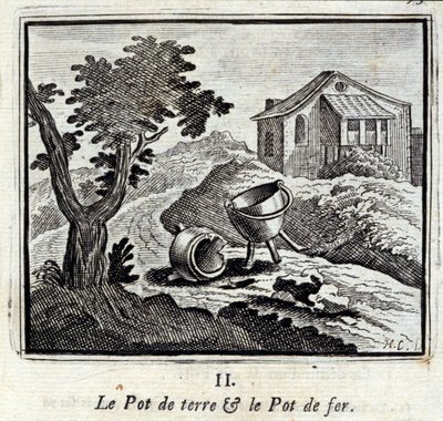 Jordgrytan och järngrytan. Fabler av Jean de La Fontaine (1621-95). Illustration av François Chauveau (1613-1676). Upplaga från 1728. av Francois Chauveau