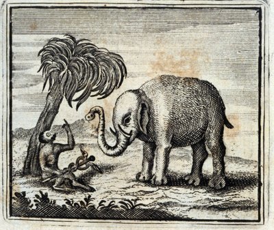 Elefanten och Jupiters apa. Fabler av Jean de La Fontaine (1621-95). Illustration av François Chauveau (1613-1676). Upplaga av 1728. av Francois Chauveau