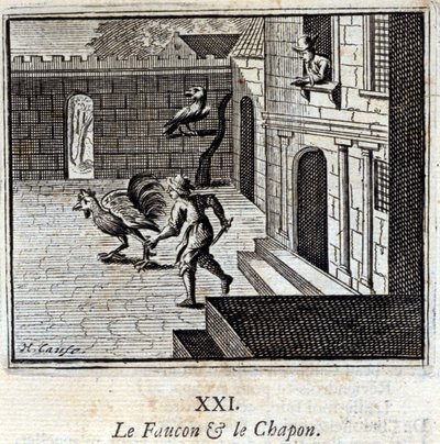Falken och Kaponen. Fabler av Jean de La Fontaine (1621-95). Illustration av François Chauveau (1613-1676). Upplaga av 1728. av Francois Chauveau